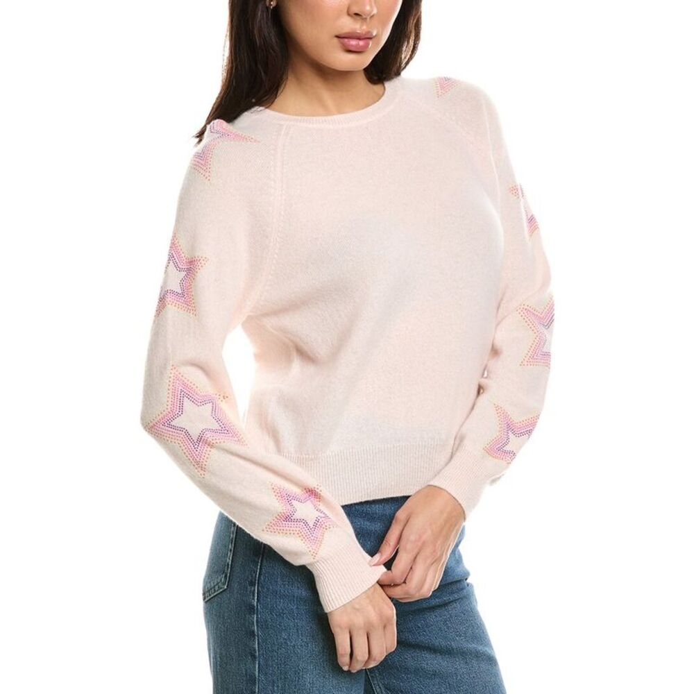 Brodie Cashmere Womens Star Dust Sleeve Crewneck 100% Cashmere Sweater, White